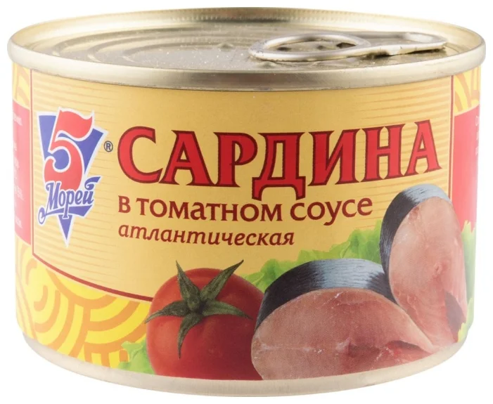 Скумбрия 5 МОРЕЙ в томатном соусе атлантическая, 250 гр. Лента