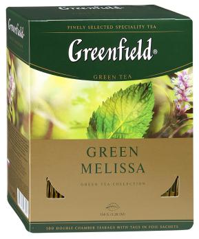 Чай Greenfield Green Мелисса зеленый с мелиссой, ароматом мяты и лимона, 100 пакетов, Лента