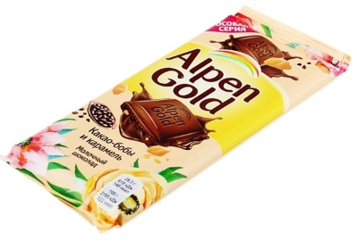 Шоколад Alpen gold, какао бобы и карамель, 85 гр. Лента
